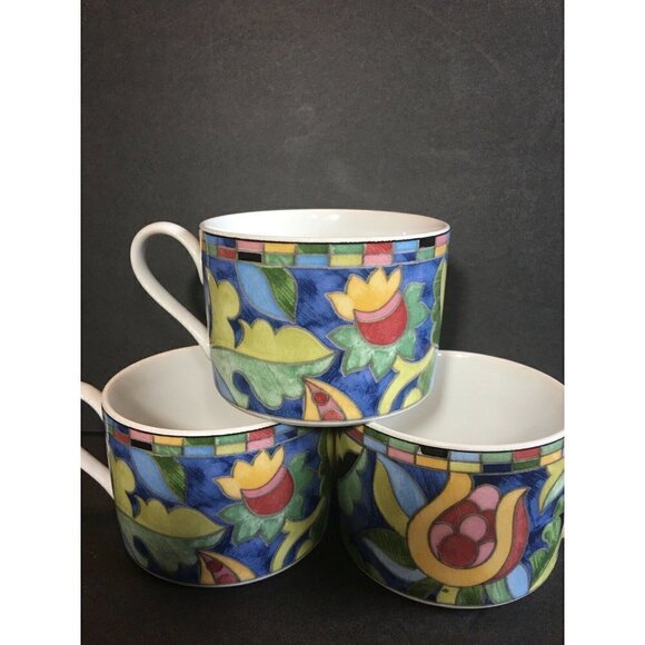 Set 3 Fantasia Cups Mosaic Stoneware PTS Int’l Interiors Teacup Blue Pink Floral - Picture 3 of 7